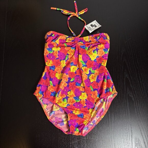 Vintage 90s Womens L (Fits Small) One-Piece Halter Swimsuit Neon Floral Print - Picture 1 of 8